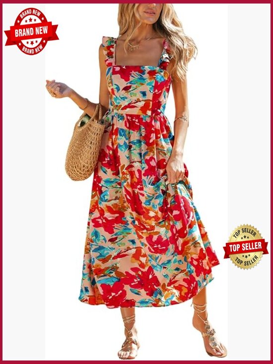 Dresses & Skirts - Boho Floral Midi Sundress Square Neck Ruffle Sleeveless Smocked Bow Dress Flowy